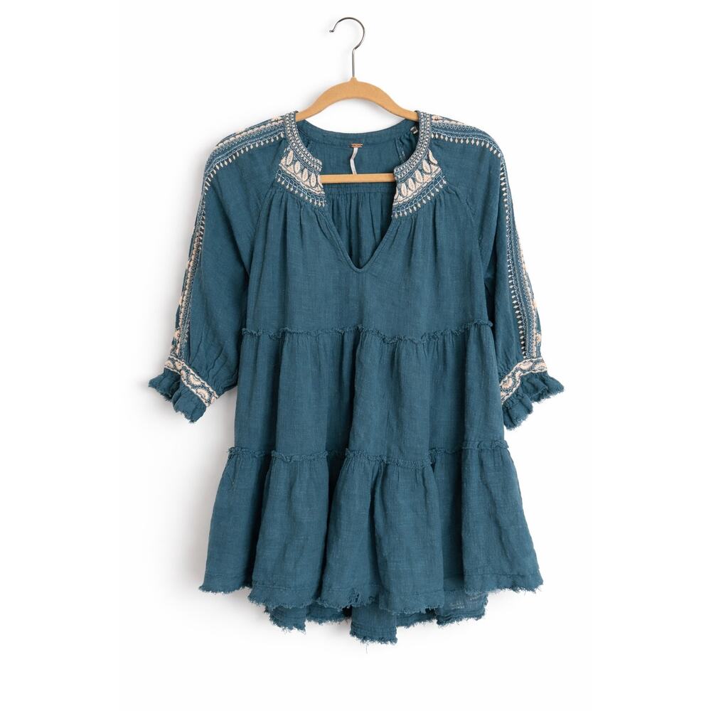 Free People Boho Embroidered Tunic Top Teal Cotton Loose Fit XS
